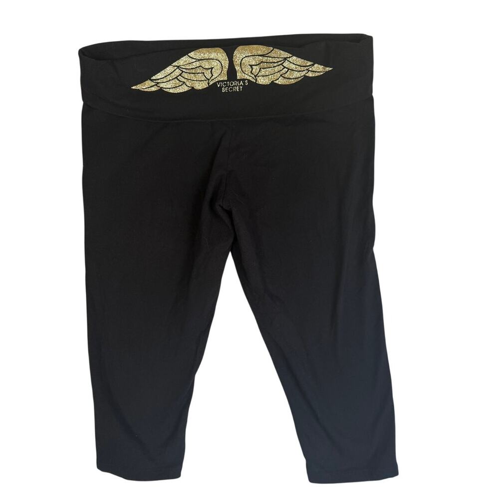 Victoria Secret Y2K Leggings Womens Large Black Gold Wings Foldover Crop